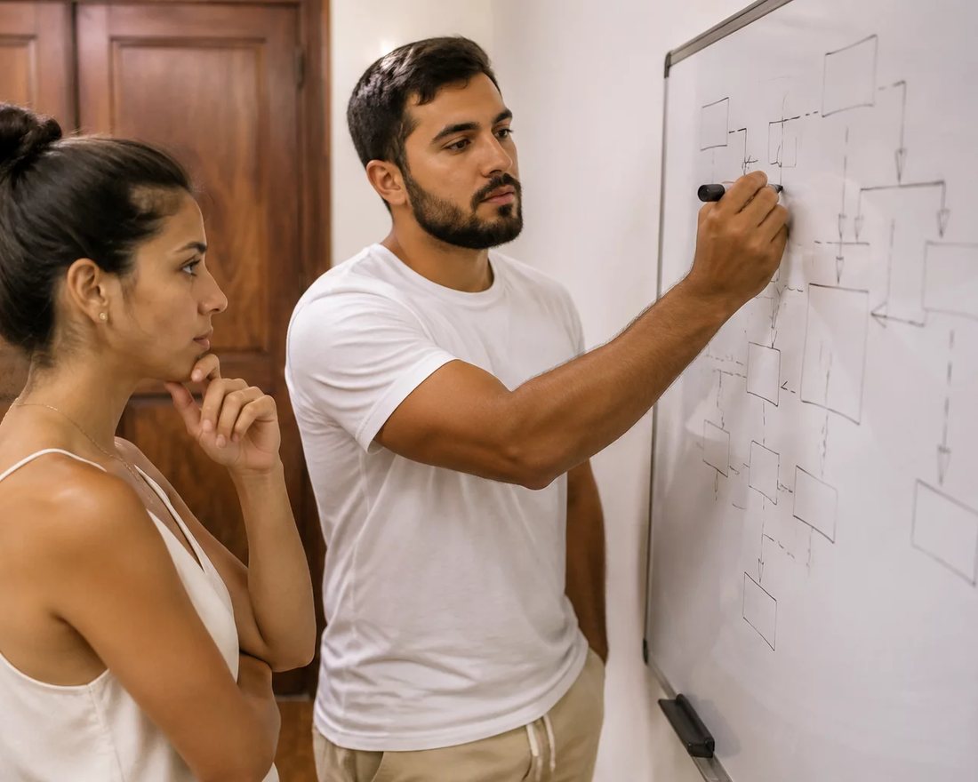 Duas pessoas em pé diante de um quadro branco onde um argumento está desenhado
